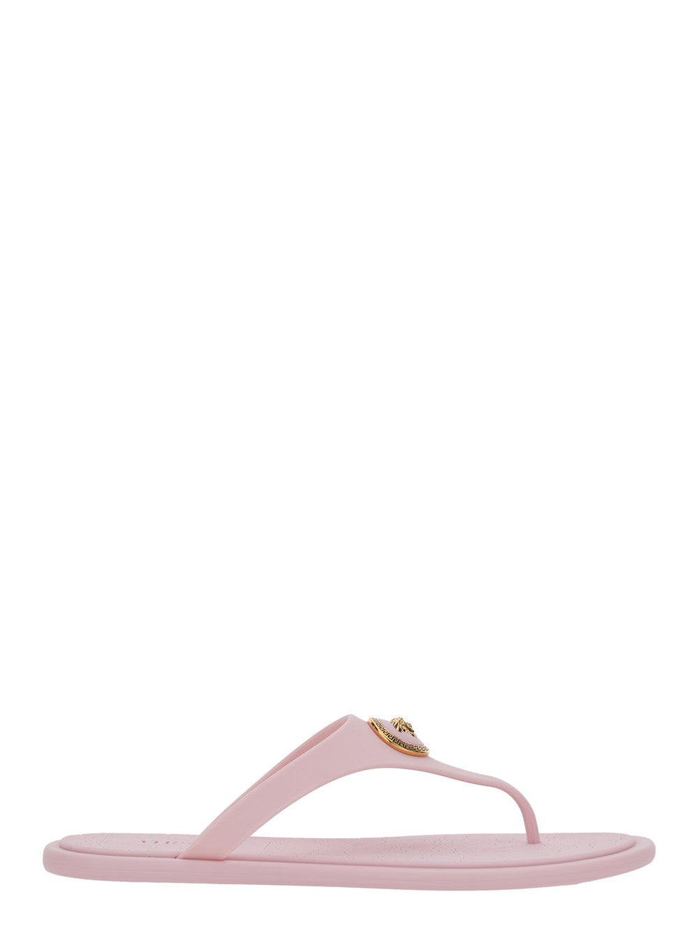Versace Women 'Gianni Ribbon' Pink Sandals With Metallic Medusa Head On The Front In Rubber Woman VERSACE