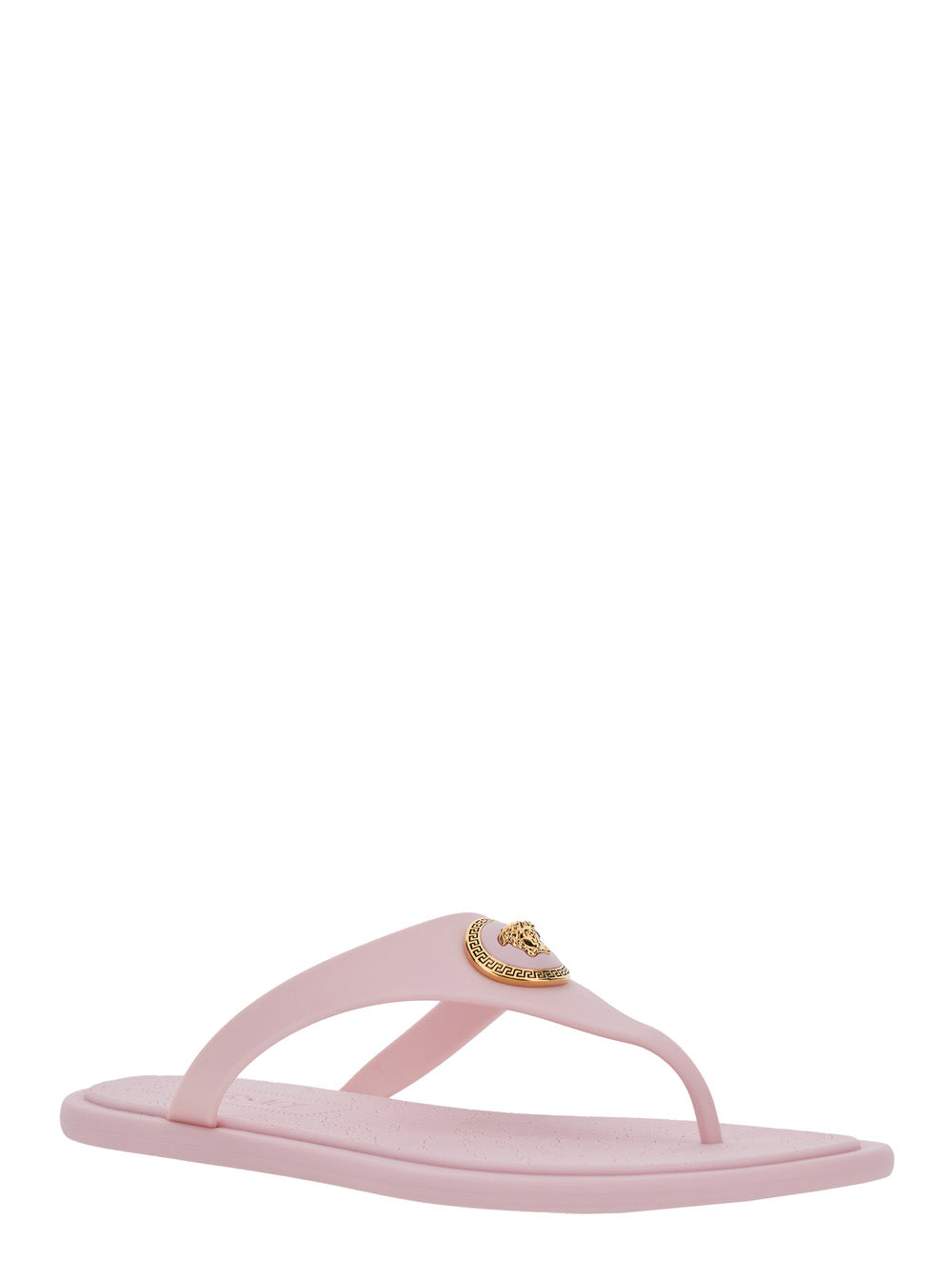 Versace Women 'Gianni Ribbon' Pink Sandals With Metallic Medusa Head On The Front In Rubber Woman VERSACE