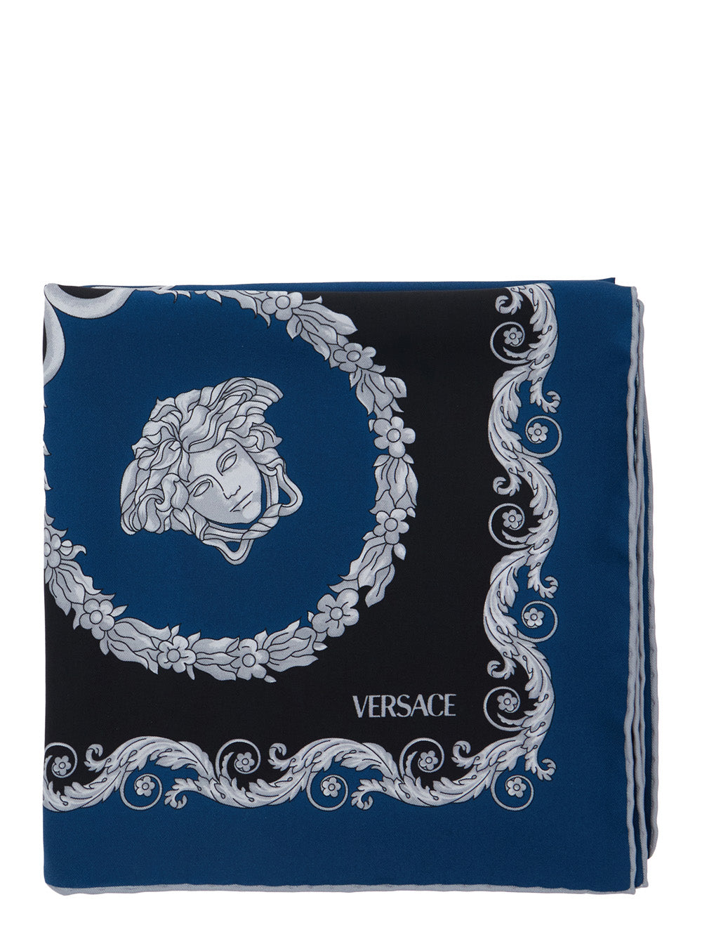 Versace Men Blue Scarf With Geometric All-Over Motif In Silk Man VERSACE