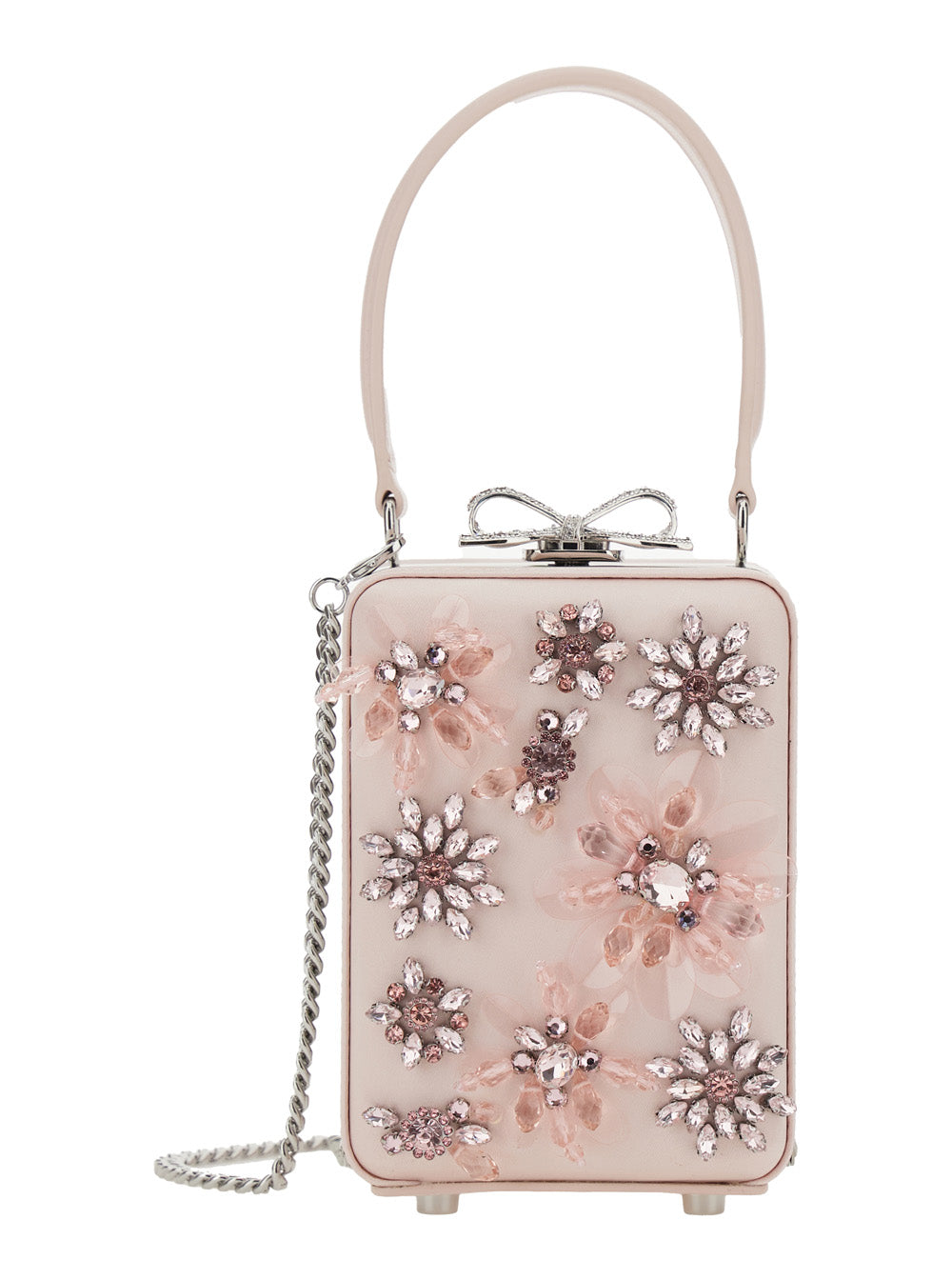 Self-Portrait Women Pink Clutch Bag With All-Over Floral Details And Metallic Bow In Satin Woman SELF-PORTRAIT
