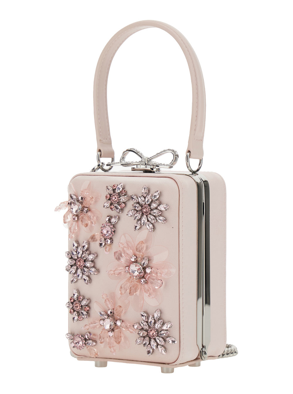 Self-Portrait Women Pink Clutch Bag With All-Over Floral Details And Metallic Bow In Satin Woman SELF-PORTRAIT