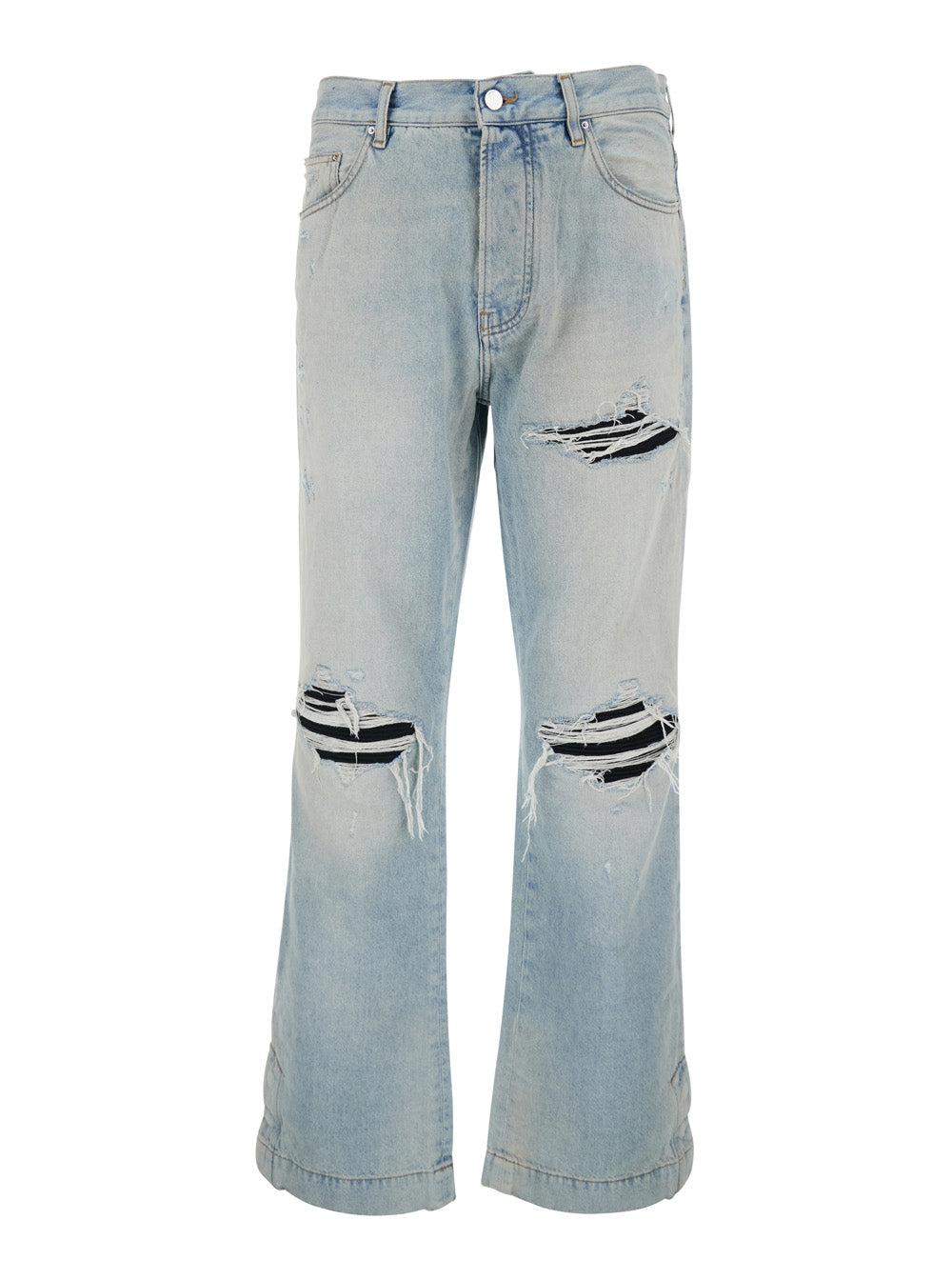Amiri Men Men's Light Blue Denim Jeans With Ripped Details And Logo Patch On The Back AMIRI