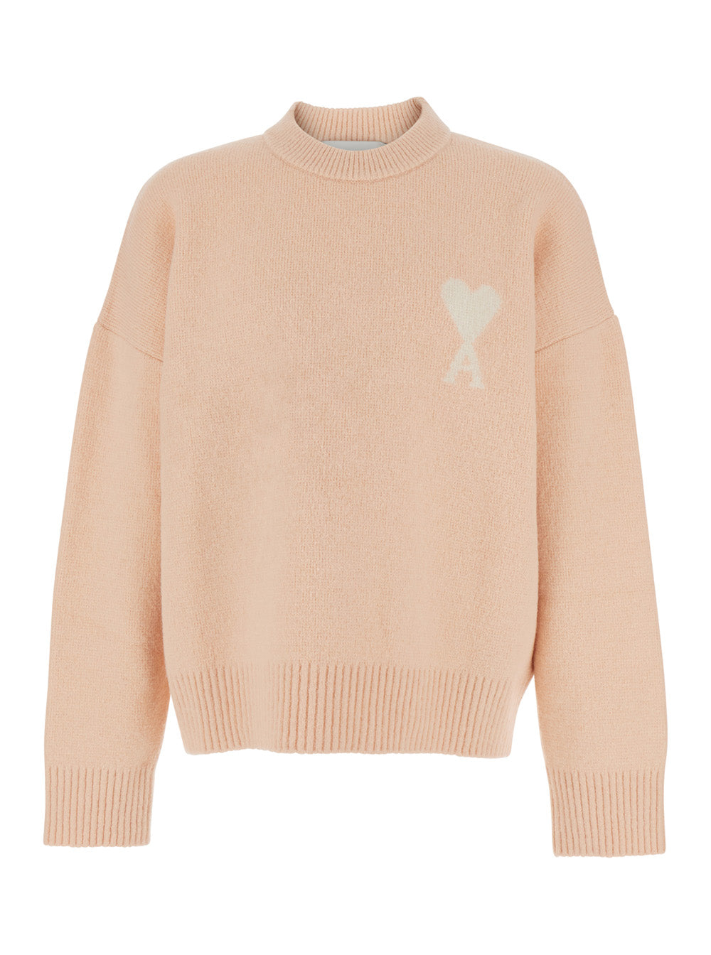 Ami Paris Men Pink Crew Neck Sweater With Dropped Shoulders And Adc Embroidery On The Front In Wool Blend Man AMI PARIS