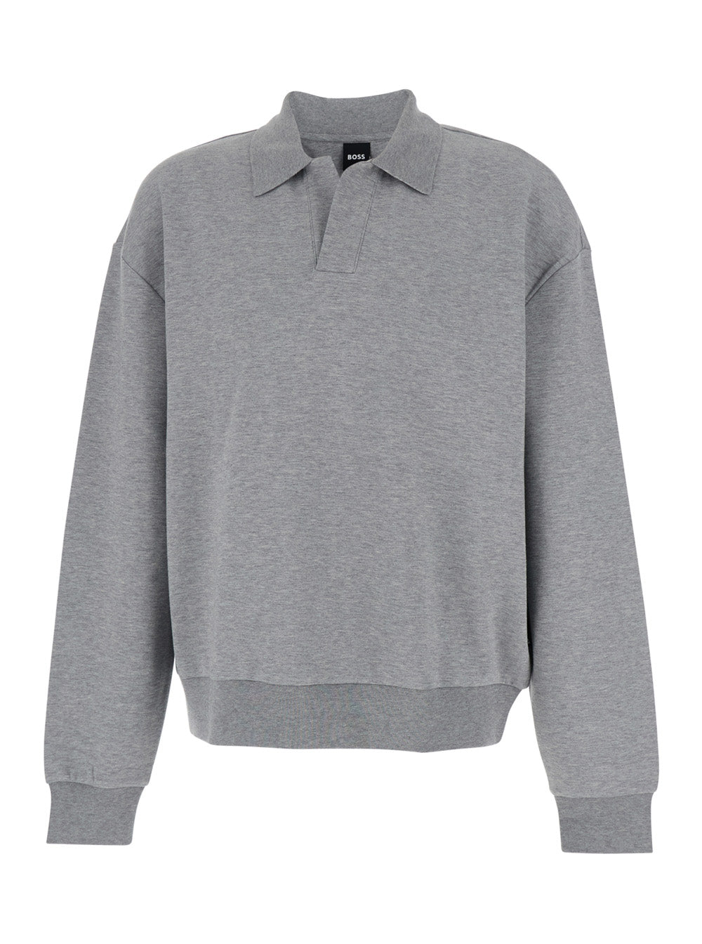 Boss Men Grey Long Sleeve Polo Shirt With Dropped Shoulders And Ribbed Finishes In Wool For Men BOSS