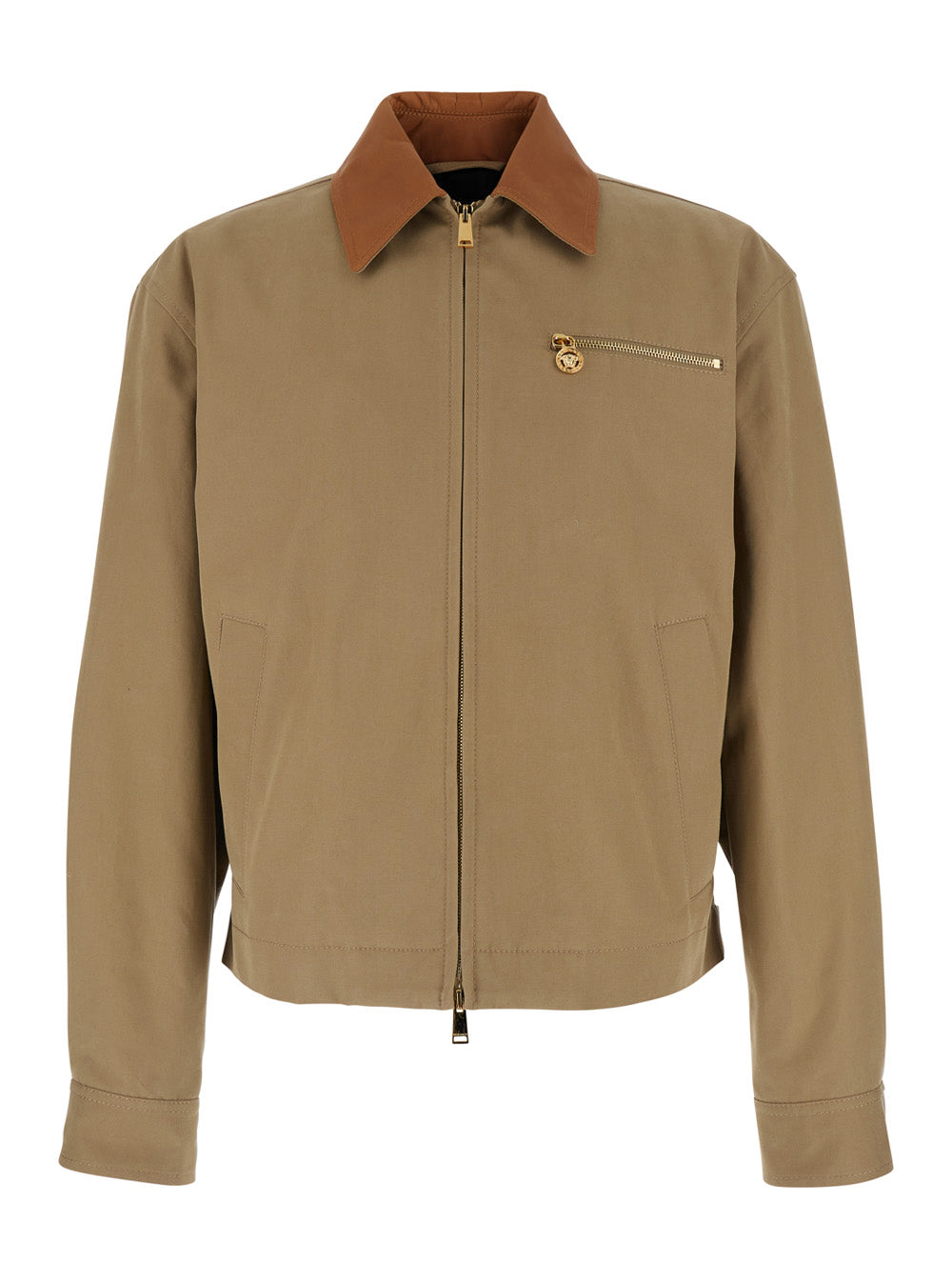 Versace Men Beige Jacket With Leather Collar And Metallic Medusa Head Detail In Cotton Canvas Man VERSACE