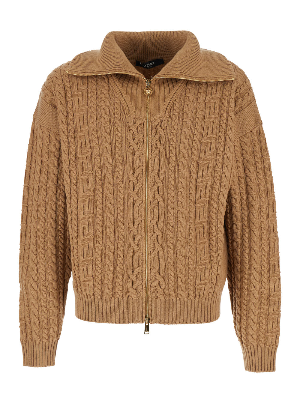Versace Men Beige High Neck Sweater With Zip And Embroidered Medusa Head On The Back In Wool For Men