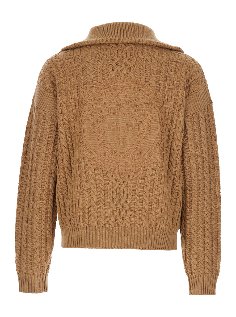 Versace Men Beige High Neck Sweater With Zip And Embroidered Medusa Head On The Back In Wool For Men