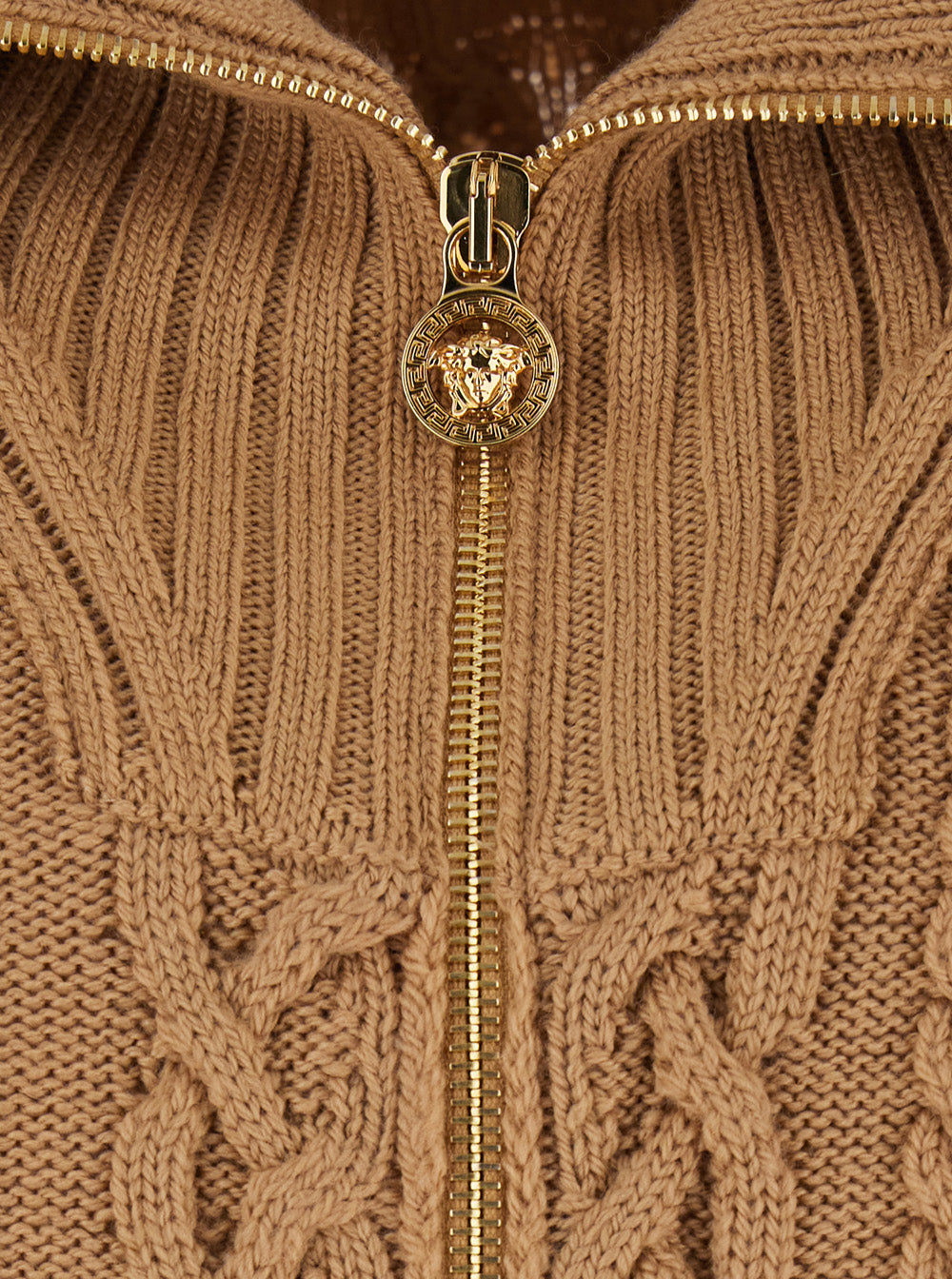 Versace Men Beige High Neck Sweater With Zip And Embroidered Medusa Head On The Back In Wool For Men