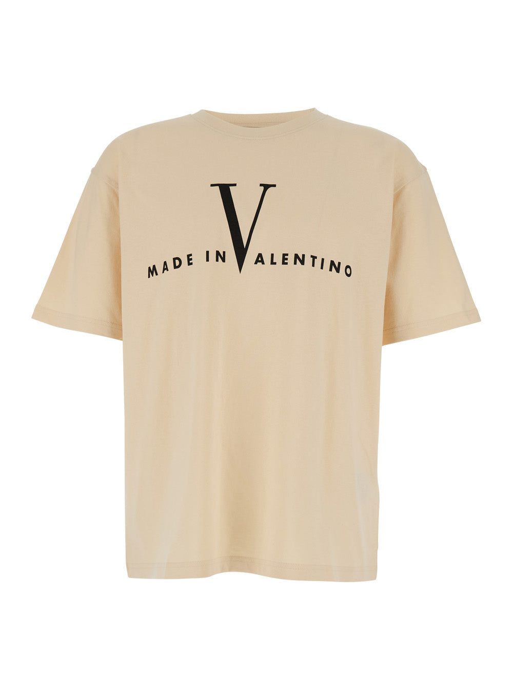 Valentino Men Beige Crew Neck T-Shirt With Logo Print On The Front And Dropped Shoulders In Cotton Man VALENTINO