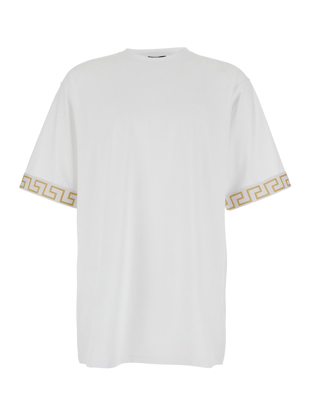 Versace Men White Crew Neck T-Shirt With Greca Motif On The Sleeves In Tech Fabric Men VERSACE