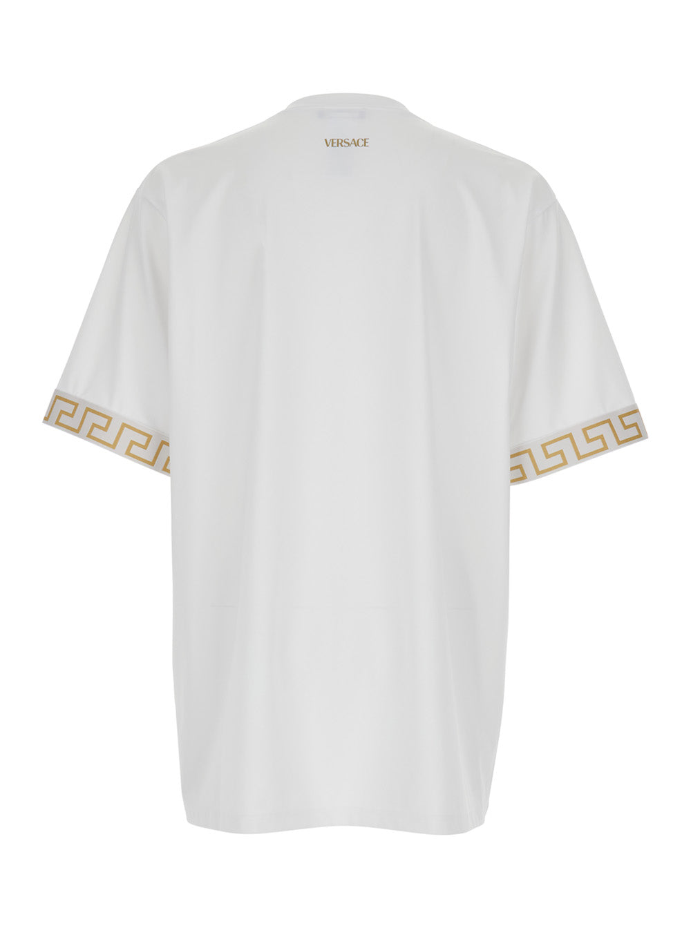 Versace Men White Crew Neck T-Shirt With Greca Motif On The Sleeves In Tech Fabric Men VERSACE