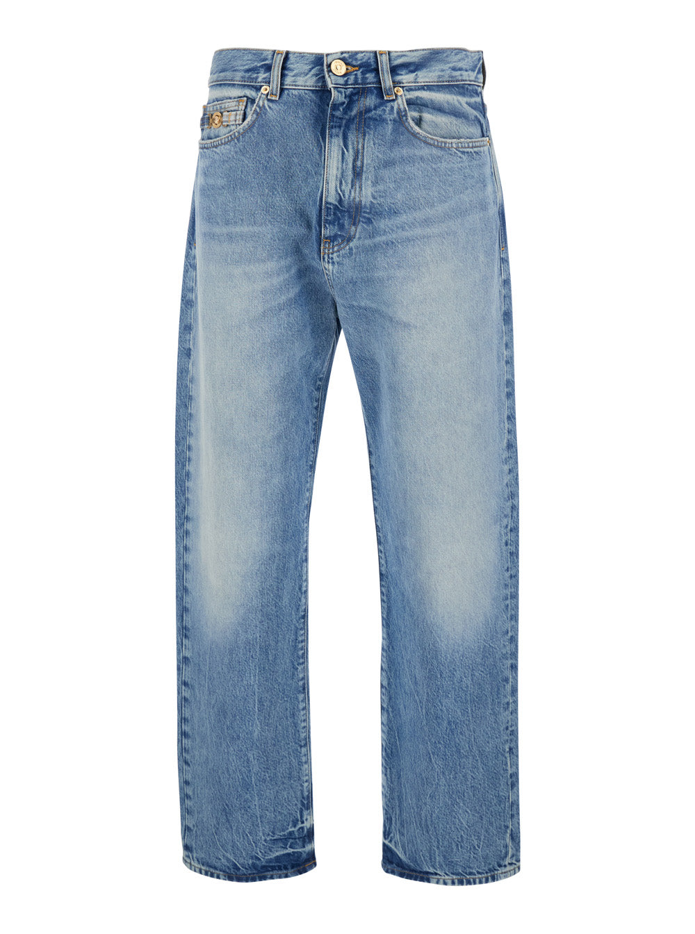 Versace Men Light Blue Jeans With Logo Patch On The Back And Faded Effect In Denim For Men VERSACE