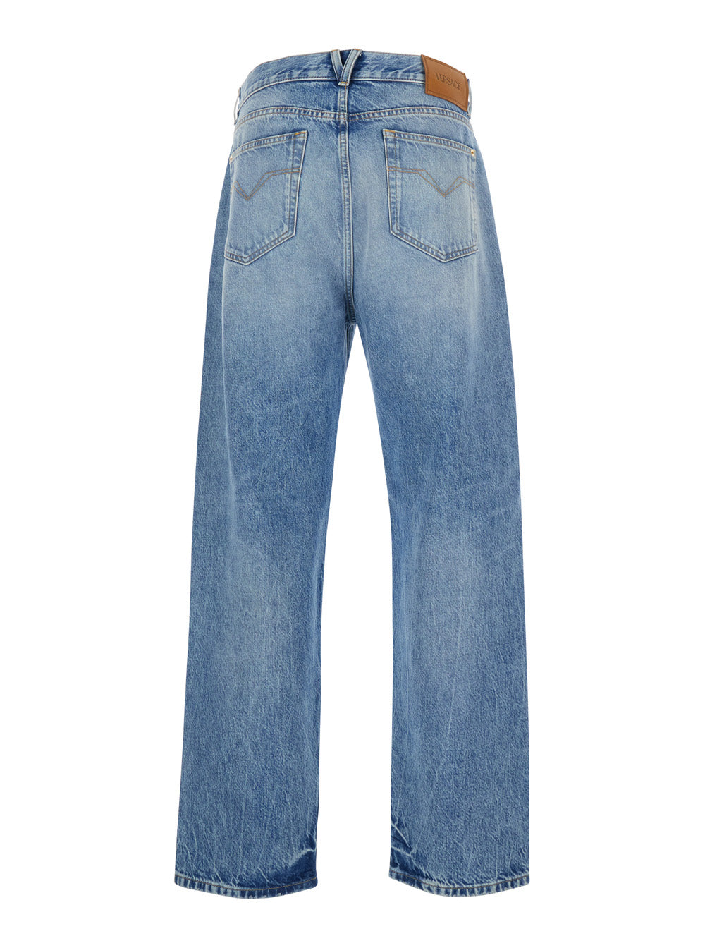 Versace Men Light Blue Jeans With Logo Patch On The Back And Faded Effect In Denim For Men VERSACE