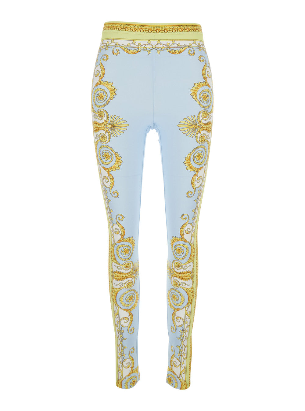 Versace Women Blue Leggings With All-Over Geometric Print In Stretch Fabric Woman VERSACE