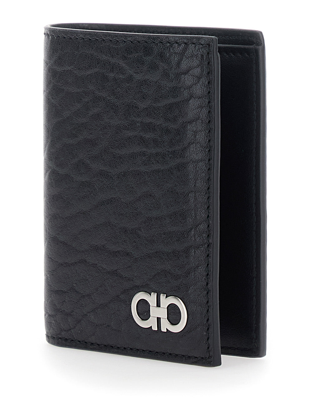 Ferragamo Men Black Bi-Fold Wallet With Gancini Plaque On The Front In Leather Man FERRAGAMO
