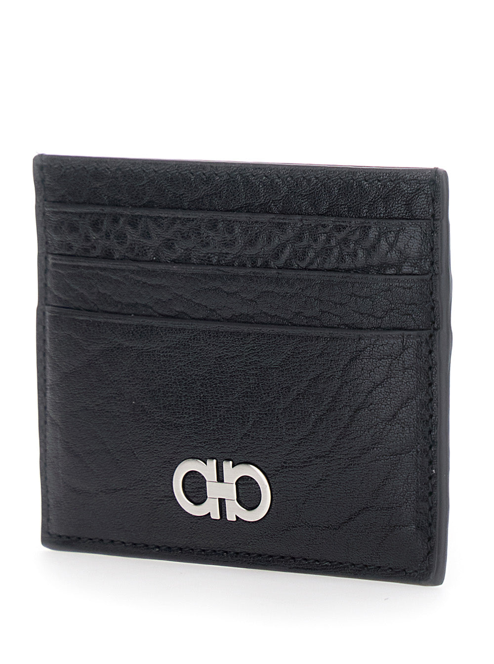Ferragamo Men Black Card Holder With Gancini Plaque On The Front In Leather Man FERRAGAMO
