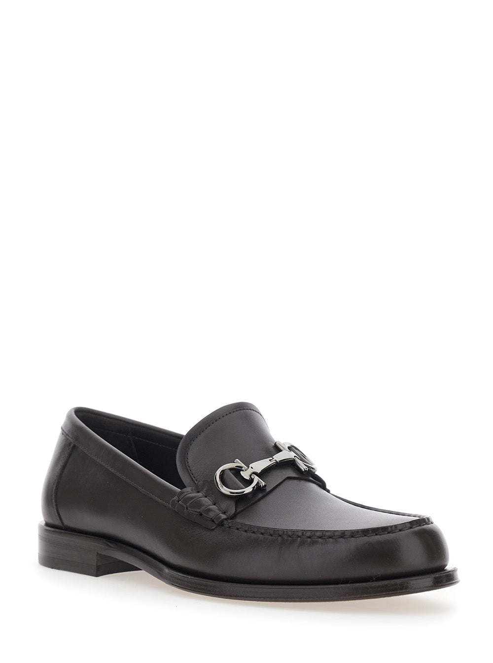 Ferragamo Men Brown Loafers With Metallic Gancini Detail On The Front In Leather Man FERRAGAMO
