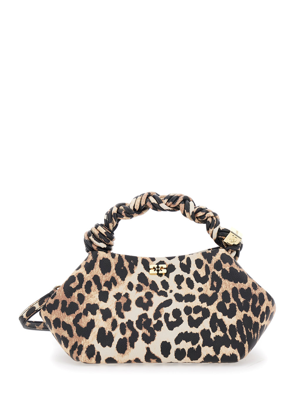 Ganni Women 'Bou' Brown Small Handbag With Braided Handle And All-Over Leopard Motif In Fabric Woman GANNI