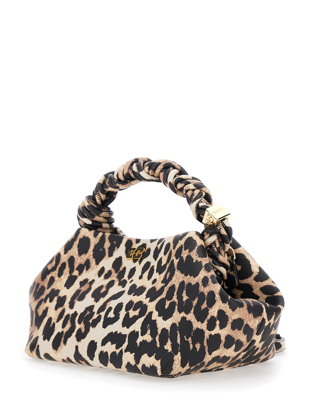 Ganni Women 'Bou' Brown Small Handbag With Braided Handle And All-Over Leopard Motif In Fabric Woman GANNI