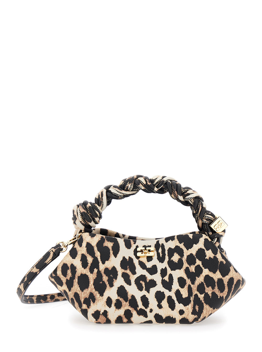 Ganni Women 'Bou' Brown Mini Handbag With Braided Handle And All-Over Leopard Motif In Fabric Woman GANNI