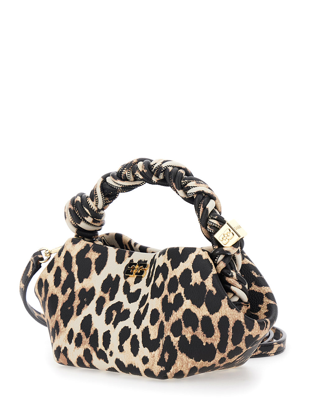 Ganni Women 'Bou' Brown Mini Handbag With Braided Handle And All-Over Leopard Motif In Fabric Woman GANNI