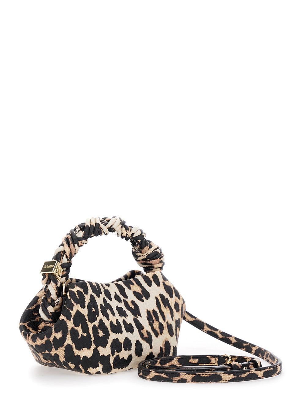Ganni Women 'Bou' Brown Mini Handbag With Braided Handle And All-Over Leopard Motif In Fabric Woman GANNI