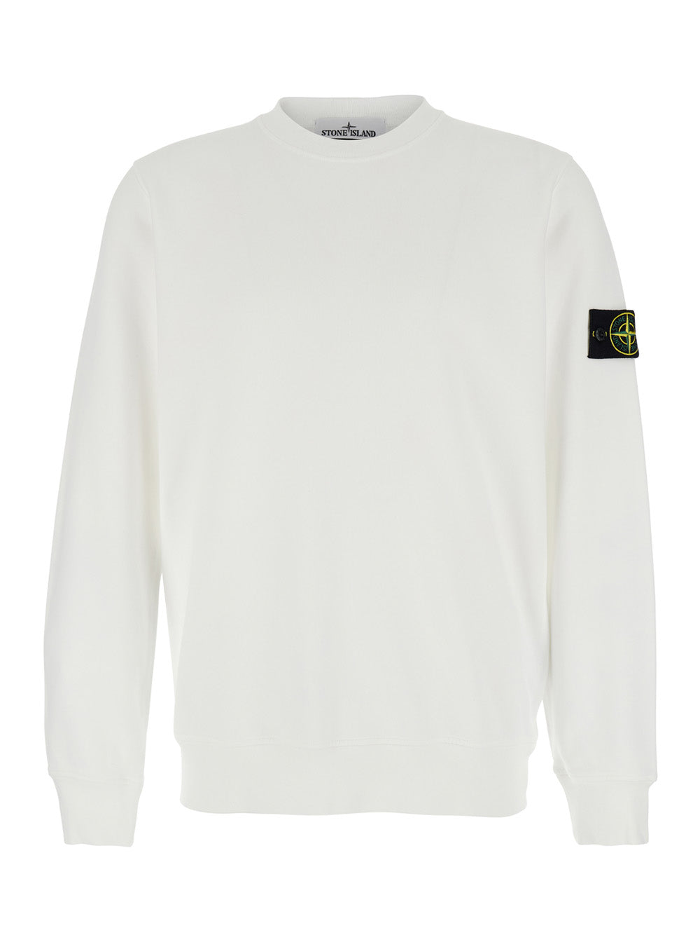Stone Island Men White Crewneck Sweatshirt With Logo Patch On Sleeve In Cotton For Men STONE ISLAND