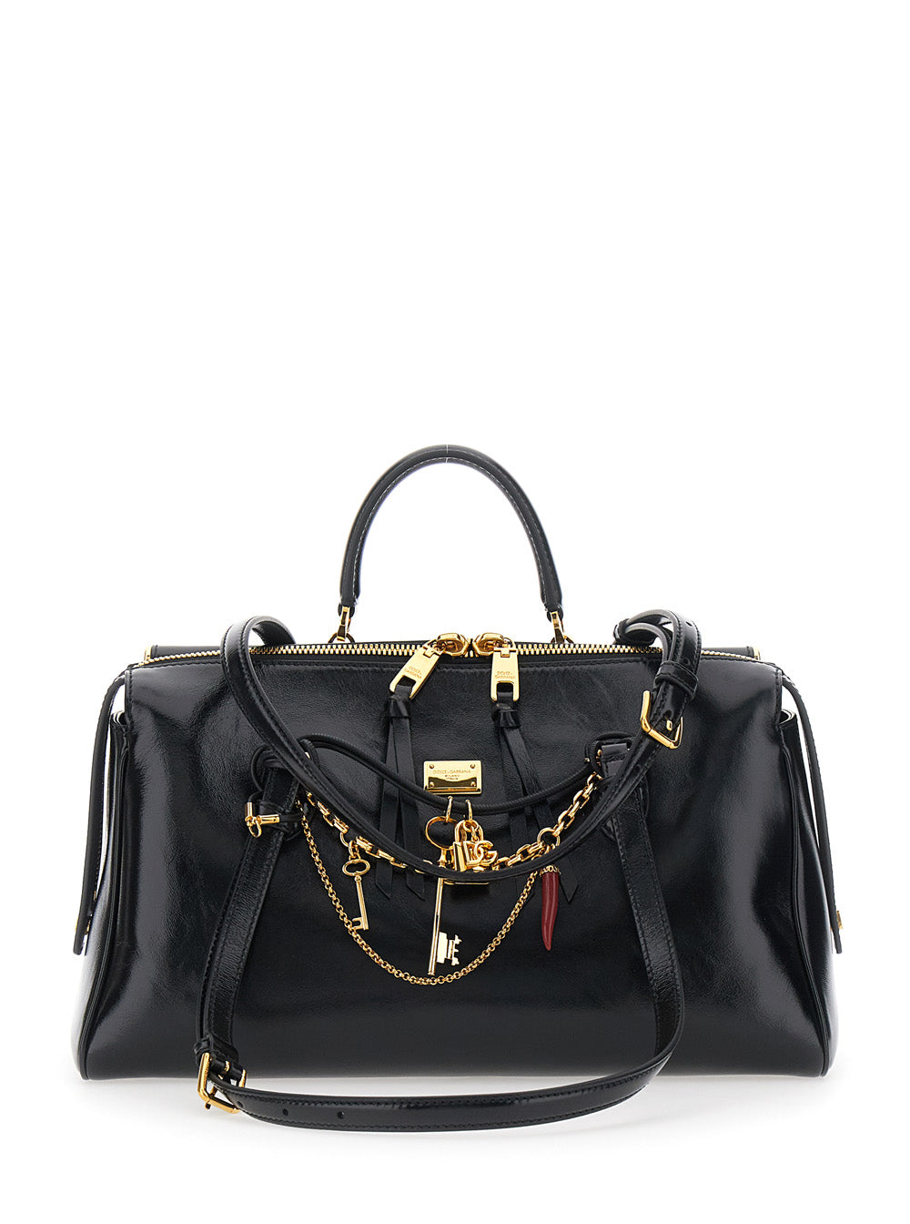 Dolce & Gabbana Women 'Vittoria' Black Shoulder Bag With Chain Detail And Charms On The Front In Leather Woman DOLCE & GABBANA