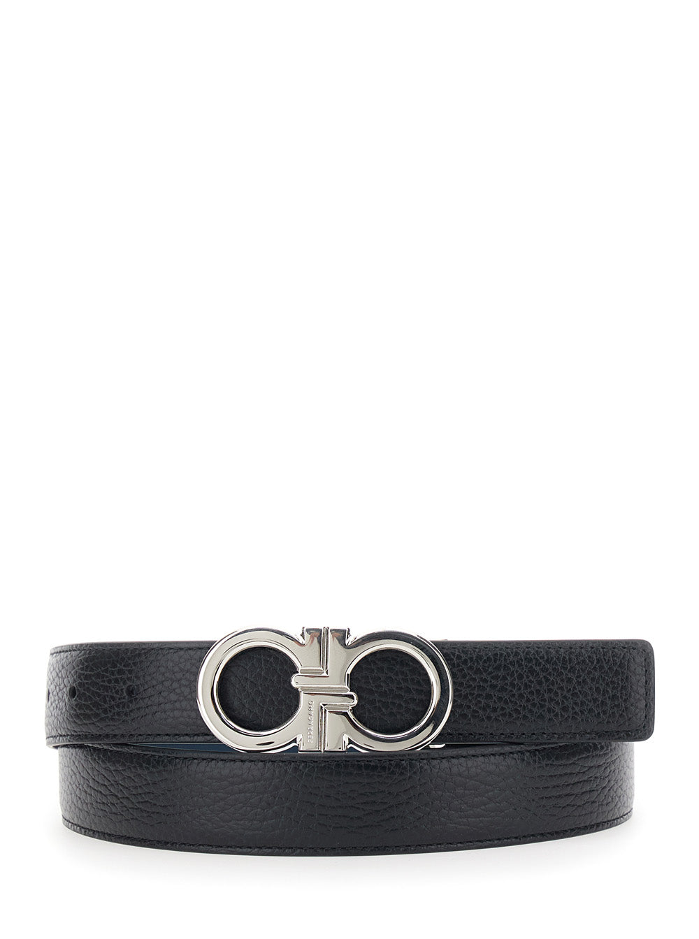 Ferragamo Men Black Reversible Belt With Gancini Buckle In Hammered Leather Man FERRAGAMO