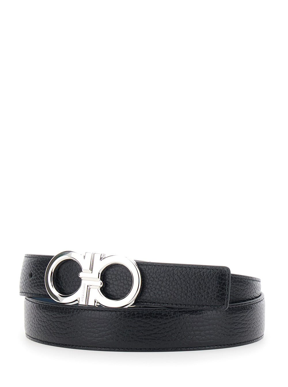 Ferragamo Men Black Reversible Belt With Gancini Buckle In Hammered Leather Man FERRAGAMO