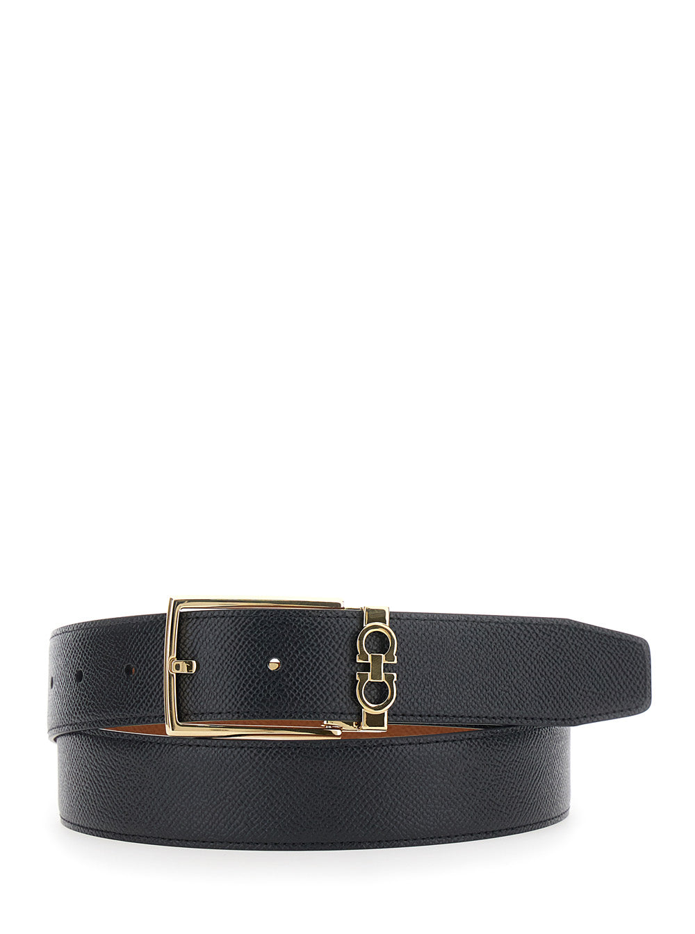 Ferragamo Men Black Reversible Belt With Gancini Buckle Belt In Grained Leather Man FERRAGAMO