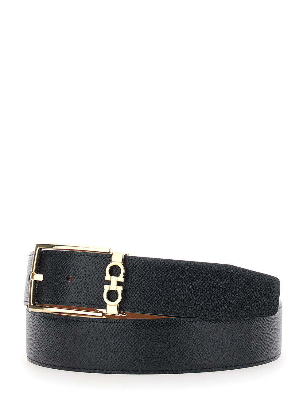 Ferragamo Men Black Reversible Belt With Gancini Buckle Belt In Grained Leather Man FERRAGAMO