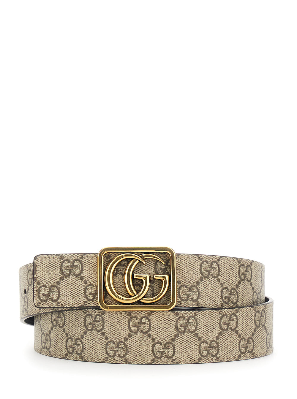 Gucci Men 'Gg Marmont' Beige Reversible Belt With Gg Buckle On The Front In Gg Supreme Fabric And Leather Man GUCCI