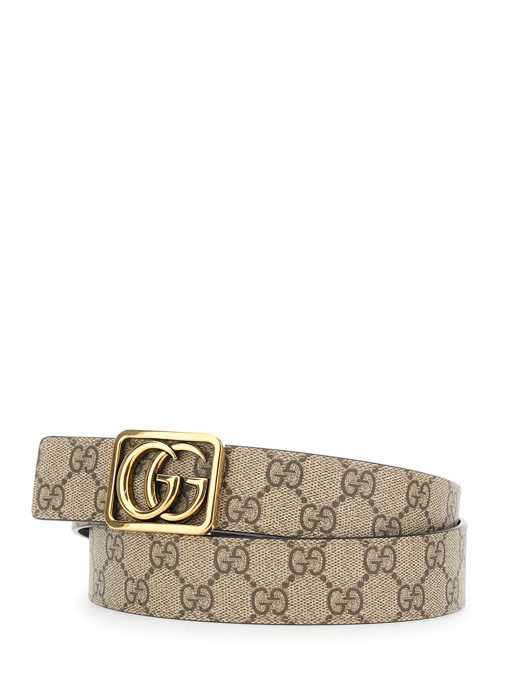 Gucci Men 'Gg Marmont' Beige Reversible Belt With Gg Buckle On The Front In Gg Supreme Fabric And Leather Man GUCCI