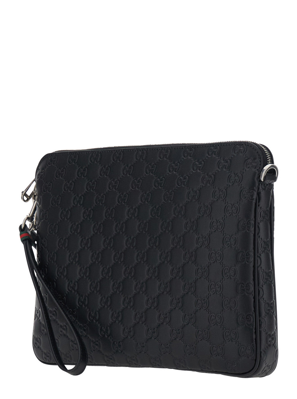 Gucci Men 'Emblem' Black Shoulder Bag With Adjustable And Removable Shoulder Strap And All-Over Embossed Gg Motif In Leather Man GUCCI