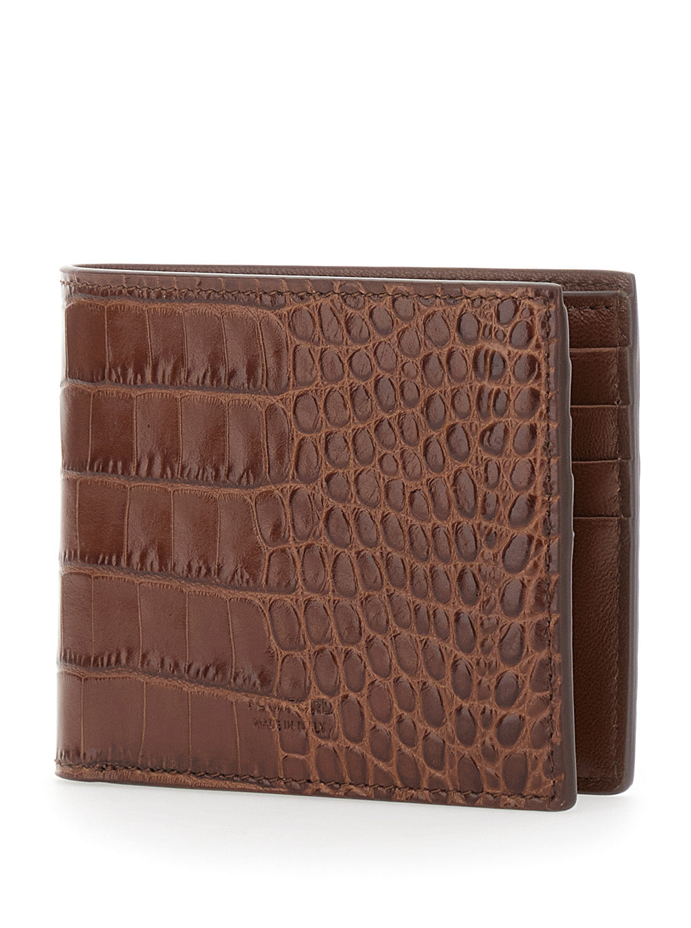 Tom Ford Men Brown Crocodile-Embossed Leather Bi-Fold Wallet For Men TOM FORD