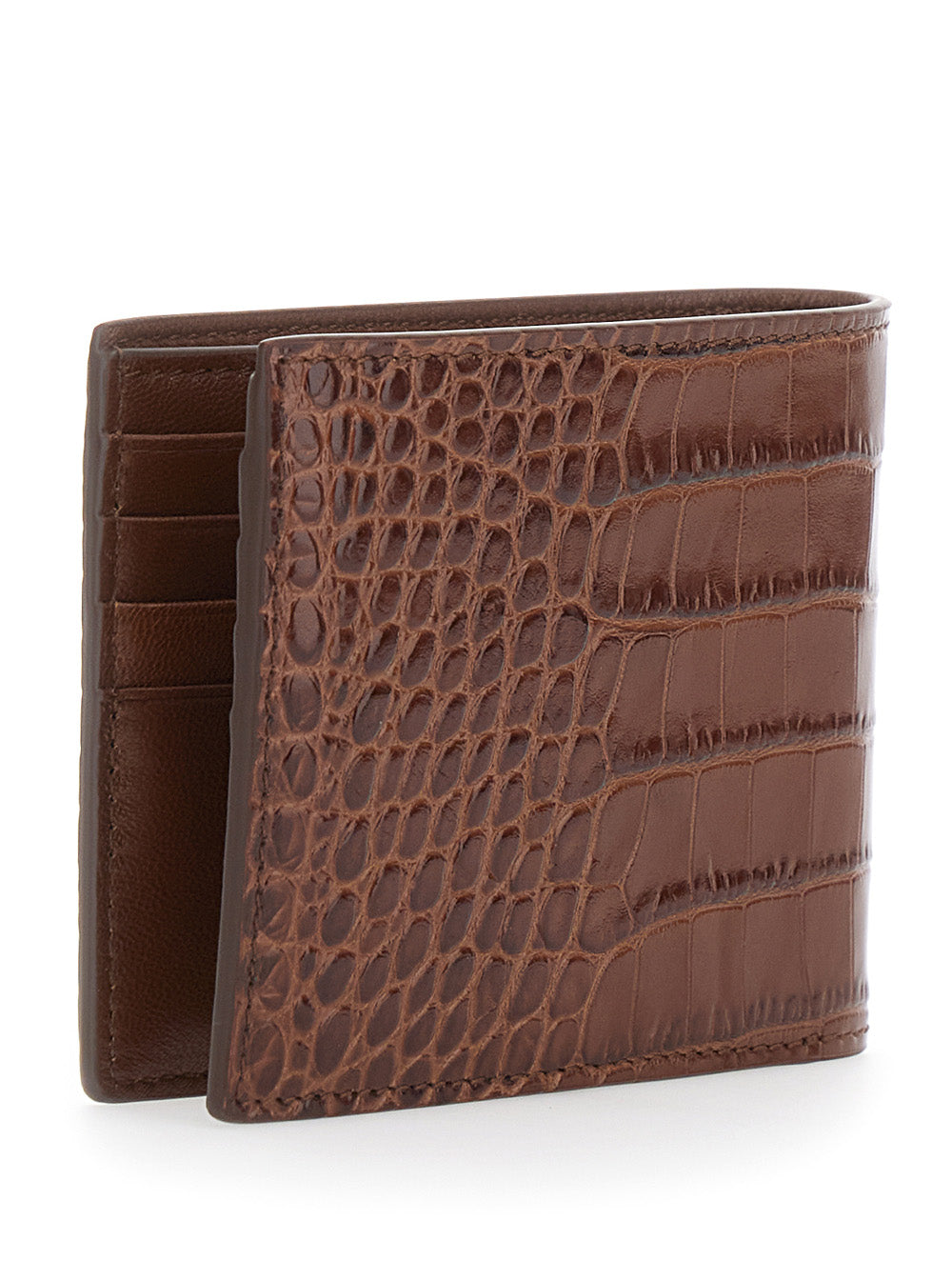 Tom Ford Men Brown Crocodile-Embossed Leather Bi-Fold Wallet For Men TOM FORD
