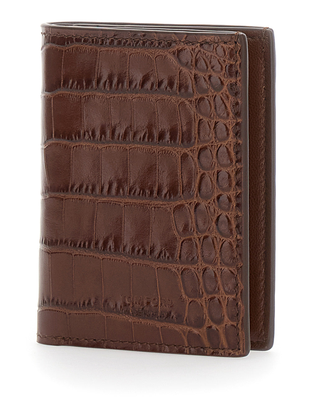 Tom Ford Men Brown Folded Card Holder With Embossed Crocodile Effect In Leather Man TOM FORD