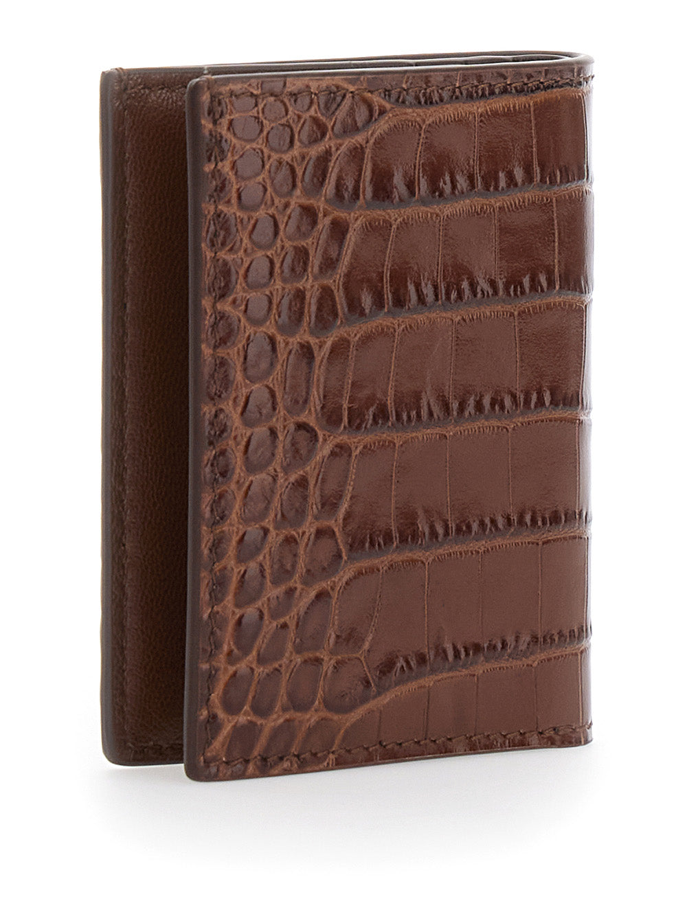 Tom Ford Men Brown Folded Card Holder With Embossed Crocodile Effect In Leather Man TOM FORD