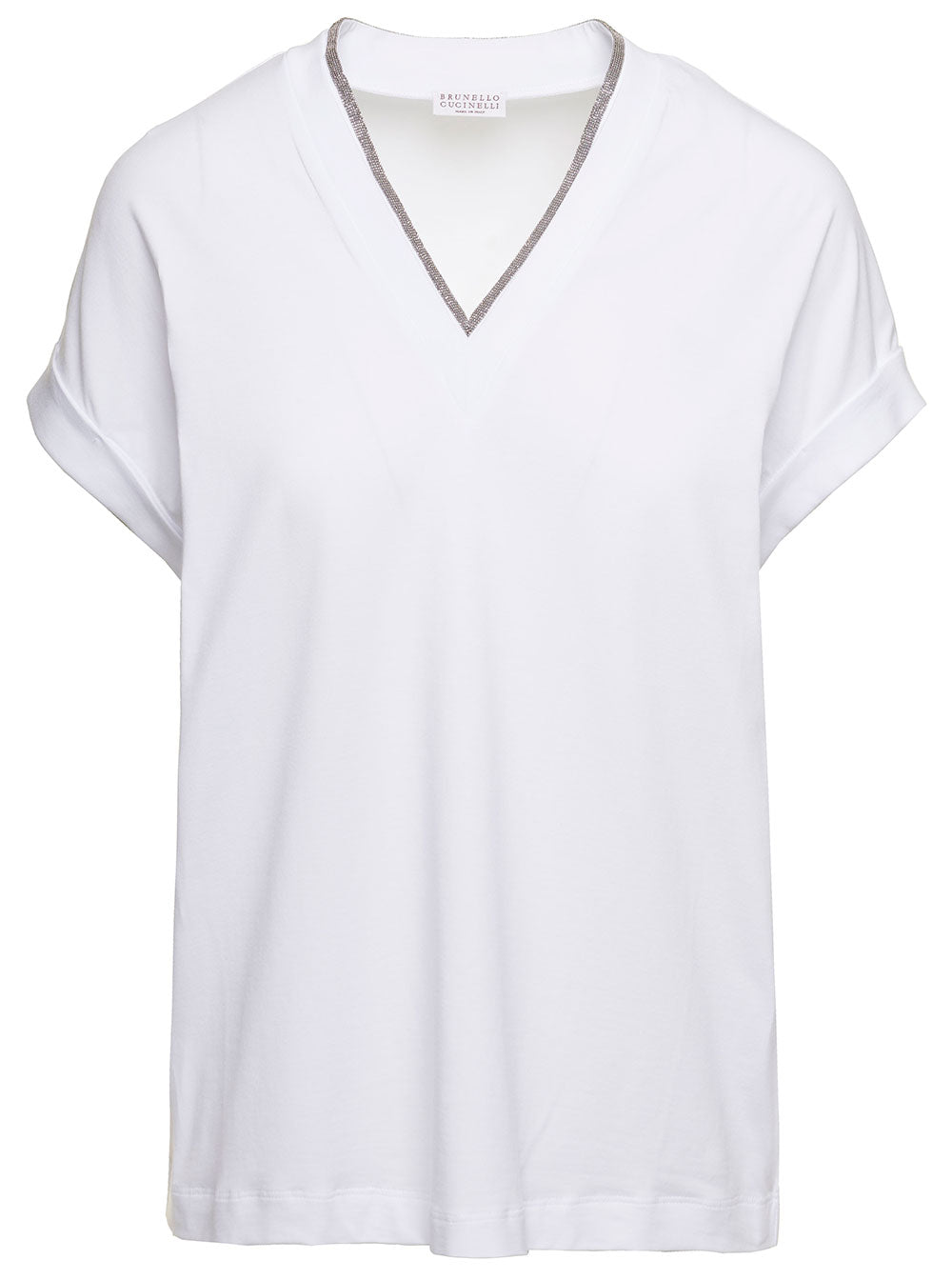 Brunello Cucinelli Women White V-Neck T-Shirt With  Monile Detail In Stretch Cotton Woman Brunello Cucinelli BRUNELLO CUCINELLI