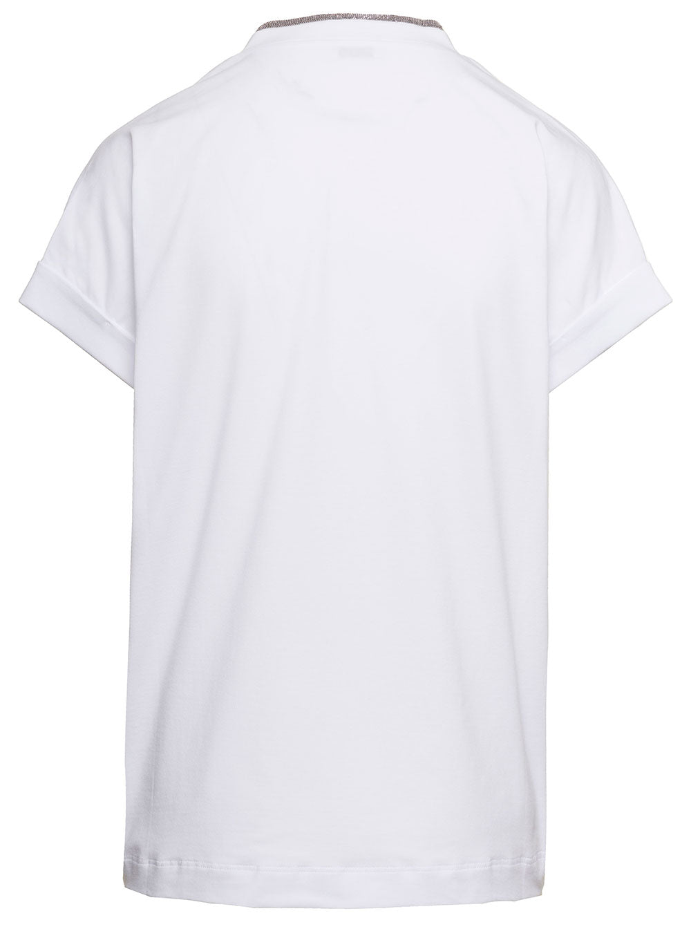 Brunello Cucinelli Women White V-Neck T-Shirt With  Monile Detail In Stretch Cotton Woman Brunello Cucinelli BRUNELLO CUCINELLI