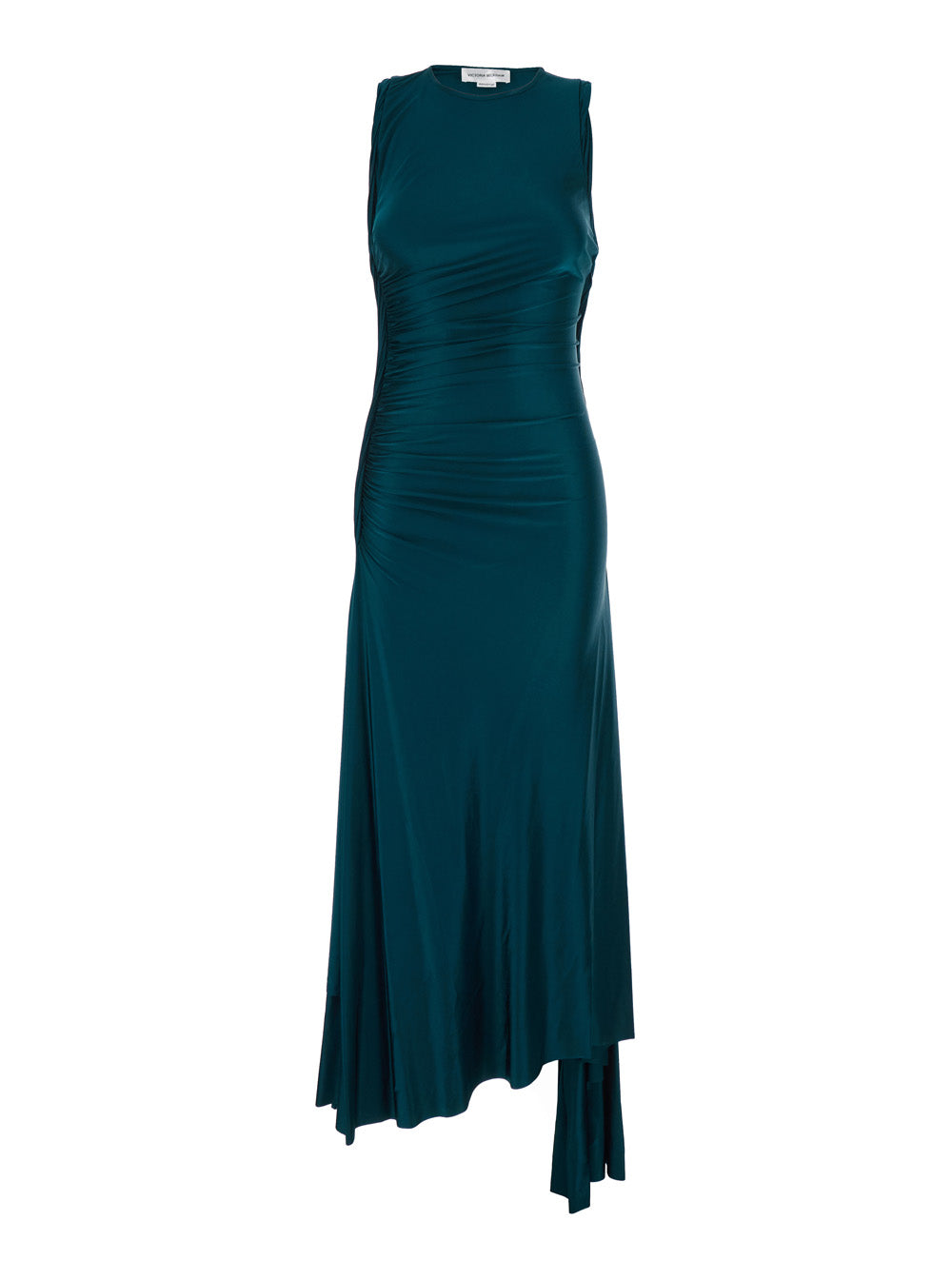 Victoria Beckham Women Long Dress 'Victoria' Petrol Green With Round Neck And Ruching Details In Viscose For Women VICTORIA BECKHAM