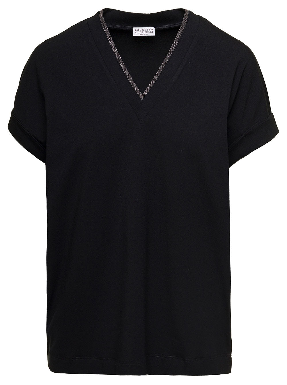 Brunello Cucinelli Women Black T-Shirt With Monile Detail And V-Neck In Stretch Cotton For Women BRUNELLO CUCINELLI