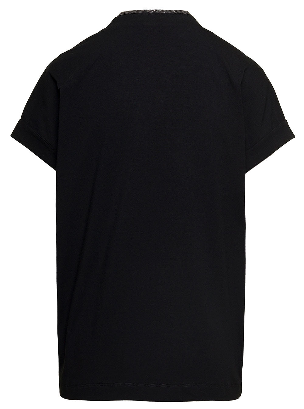 Brunello Cucinelli Women Black T-Shirt With Monile Detail And V-Neck In Stretch Cotton For Women BRUNELLO CUCINELLI