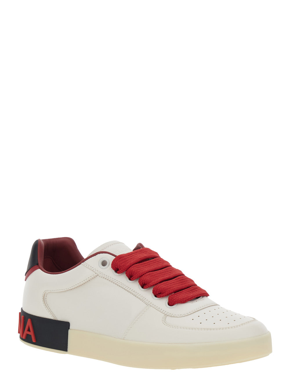 Dolce & Gabbana Men 'Portofino Custom' White Low Top Sneakers With Contrasting Heel And Logo Lettering In Leather For Men DOLCE & GABBANA