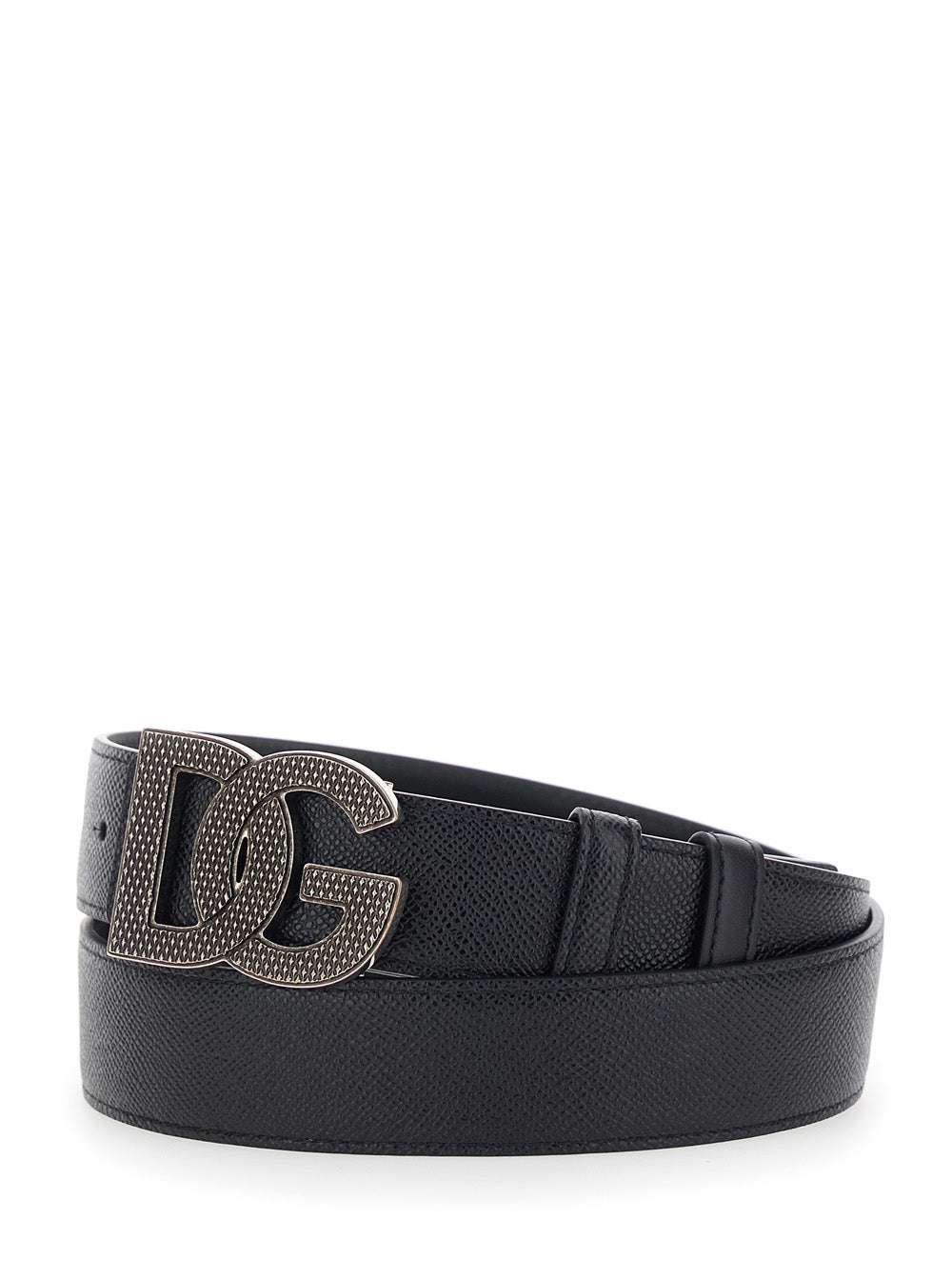 Dolce & Gabbana Men Black Leather Belt With Logo Buckle For Men DOLCE & GABBANA