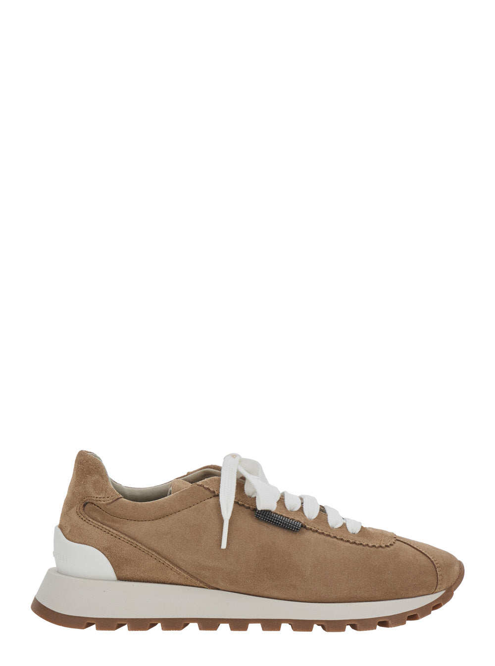 Brunello Cucinelli Women Low Top Sneaker With Monile Detail On The Side And Lettering Logo On The Tongue In Brown Suede For Women BRUNELLO CUCINELLI