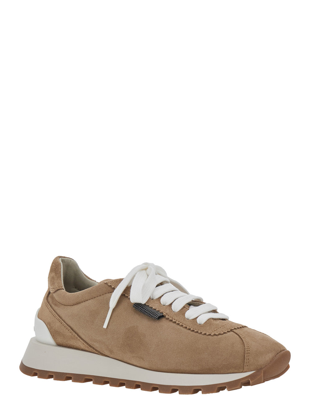 Brunello Cucinelli Women Low Top Sneaker With Monile Detail On The Side And Lettering Logo On The Tongue In Brown Suede For Women BRUNELLO CUCINELLI