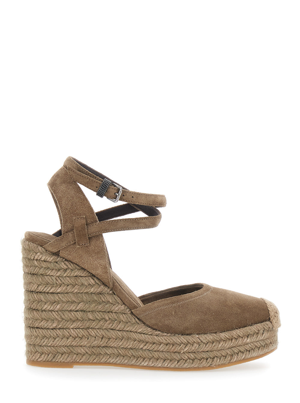Brunello Cucinelli Women Brown Wedges With Ankle Strap And Round Toe In Suede Woman BRUNELLO CUCINELLI