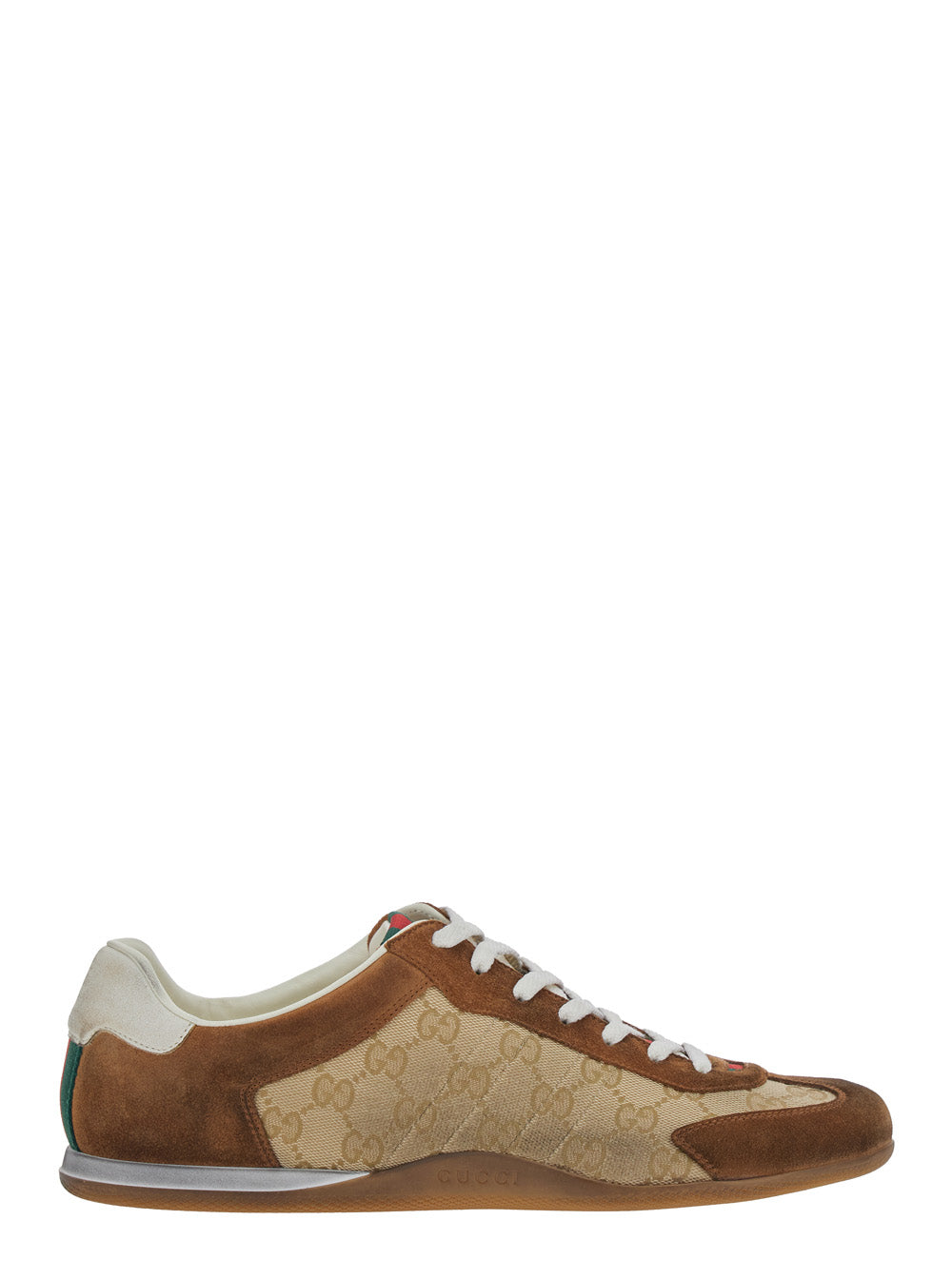 Gucci Men Beige Low Top Sneakers With Web Detail On Tongue And Heel In Gg Fabric And Suede For Men GUCCI